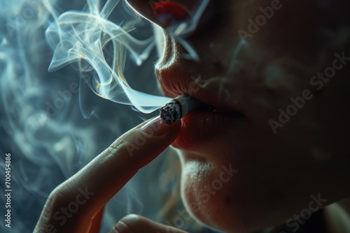 A close up view of a person smoking a cigarette. This image can be used to depict addiction, smoking habits, or health risks associated with smoking
