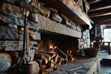 A stone fireplace with a roaring fire. Perfect for creating a cozy atmosphere in any home or cabin