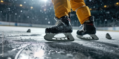 A close-up view of a person's feet wearing ice skates. This image can be used to showcase winter sports or ice skating activities