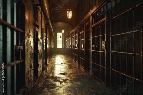 A dimly lit prison hallway with bars and windows. This image can be used to depict confinement, incarceration, or the justice system