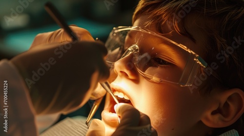 A little boy getting his teeth examined by a dentist. Suitable for dental health and pediatric dentistry concepts photo