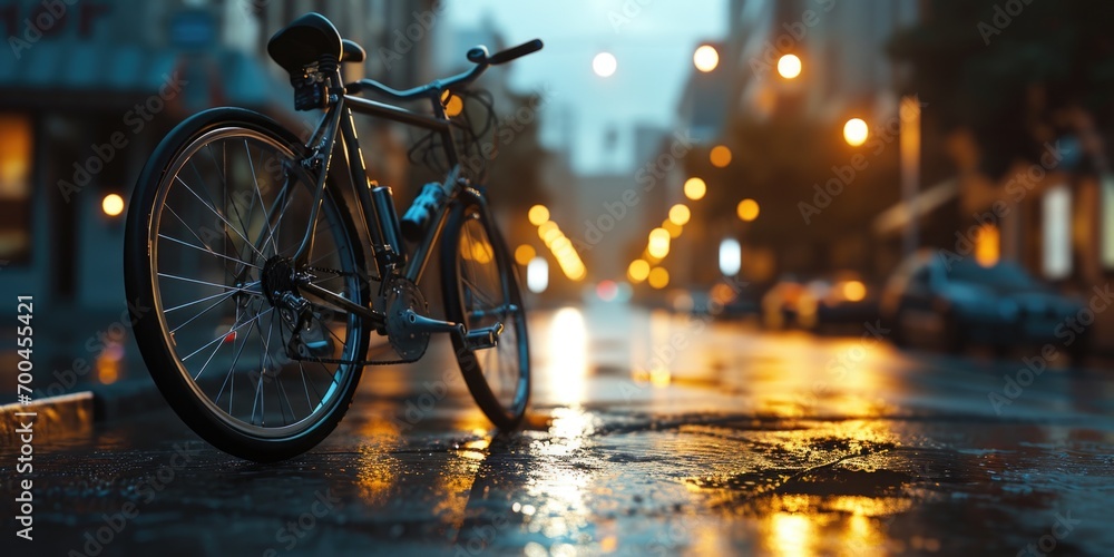 A bicycle is parked on a wet street. Suitable for urban transportation or rainy day concepts - obrazy, fototapety, plakaty 