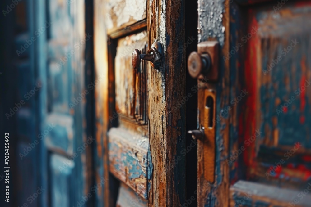 A close-up view of a door handle on a wooden door. This image can be used to represent home security, interior design, or the concept of entering or exiting a space A close-up view of a door handle on a wooden door. This image can be used to represent home security, interior design, or the concept of entering or exiting a space