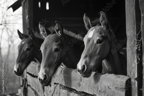 A group of horses standing next to each other. Ideal for equestrian-themed designs and nature-related projects © Fotograf