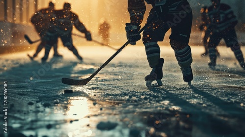A group of people playing a game of ice hockey. Suitable for sports and recreational themes