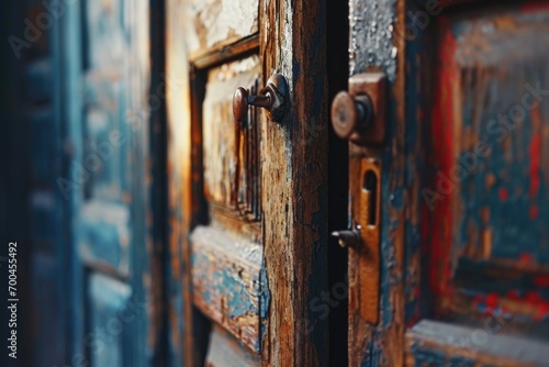 A close-up view of a door handle on a wooden door. This image can be used to represent home security, interior design, or the concept of entering or exiting a space
