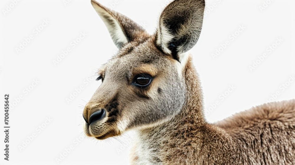 A detailed close-up image of a kangaroo against a plain white background. This versatile picture can be used in various contexts