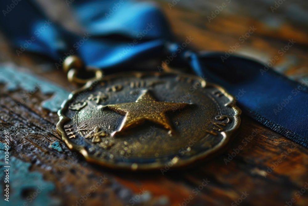 A gold medal with a blue ribbon around it. Suitable for awards and achievements A gold medal with a blue ribbon around it. Suitable for awards and achievements