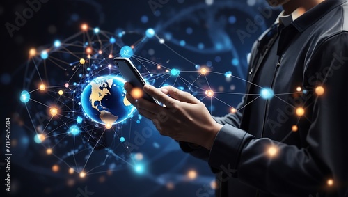"Connecting Globally: Man Engages with Mobile Smartphone, Unleashing the Power of Global Network Connection. A Fusion of Technology, Innovation, and Seamless Communication."