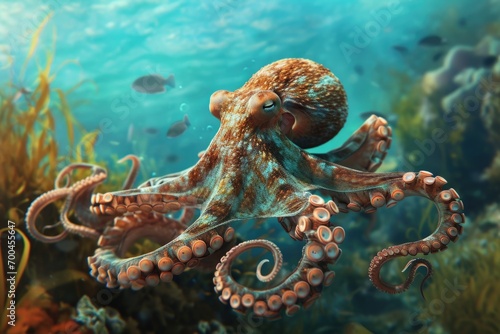 An octopus gracefully swimming in the ocean. Perfect for marine life and underwater themes photo