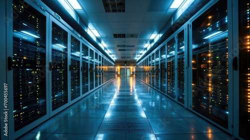 The pulse of the internet, Rows of servers and storage systems work tirelessly in a dimly lit data center. Generative AI.