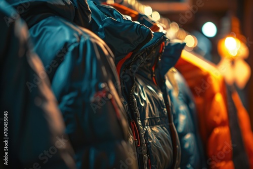 A row of jackets hanging on a rack. Can be used to showcase different styles or for a clothing store advertisement