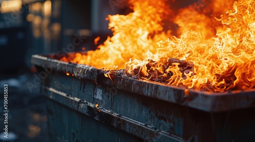 A dumpster filled with lots of fire next to a building. Perfect for illustrating fire hazards and emergency situations photo