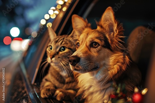 A dog and a cat sitting together in a car. Perfect for pet lovers or to illustrate a road trip with furry companions photo