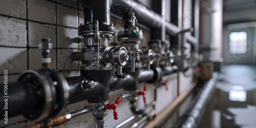 A collection of pipes that are interconnected with a wall. This versatile image can be used to represent plumbing, construction, infrastructure, or industrial themes