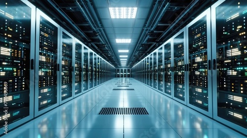 A state of the art data center with rows of server racks, Cooling systems and redundant power supplies. Generative AI.