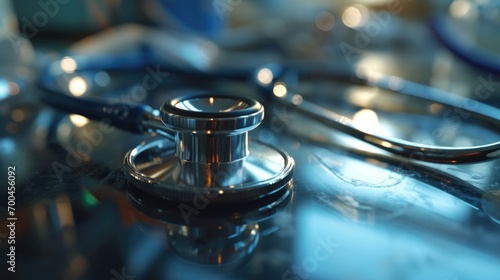 A close-up view of a stethoscope placed on a table. Suitable for medical and healthcare-related designs photo