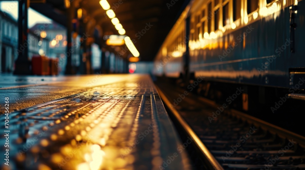 A train is parked at a train station. Suitable for transportation and travel themes A train is parked at a train station. Suitable for transportation and travel themes