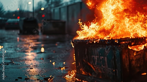 A dumpster on fire on a city street. Suitable for illustrating urban disasters or emergency situations photo