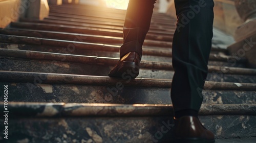 A person walking up a set of stairs. This image can be used to depict progress, determination, or overcoming challenges