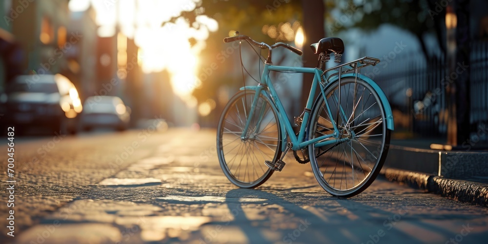 Obraz premium A blue bicycle parked on the side of a street. Suitable for urban transportation and city scenes