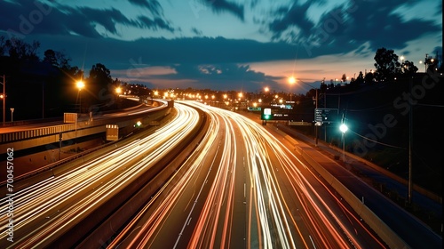 Streaking time lapse light on an interstate highway. Generative AI. photo