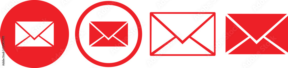 Red color Mail icon set. email icon vector. E-mail icon. Envelope illustration - obrazy, fototapety, plakaty 