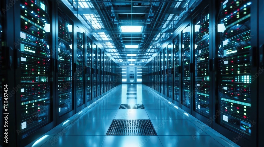 Server Racks room, Modern Telecommunications. Generative AI. Server Racks room, Modern Telecommunications. Generative AI.