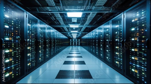 A state of the art data center with rows of server racks, Cooling systems. Generative AI.