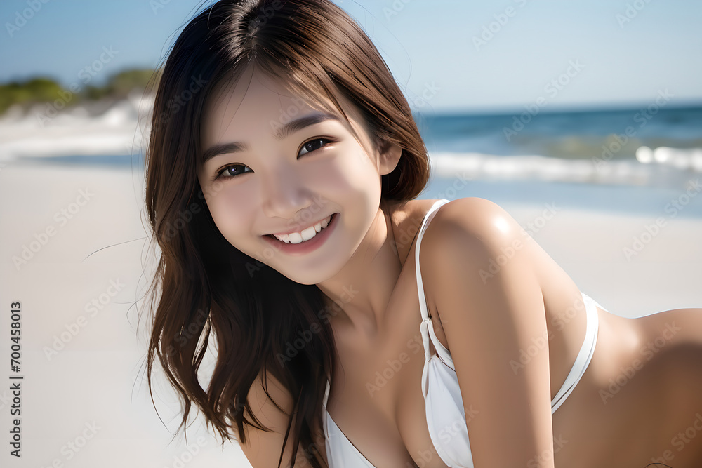 空と海と波をバックに健康的に微笑む白いビキニ姿の日本人女性