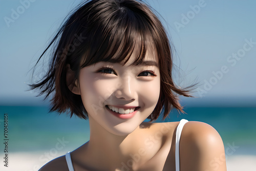 空と海と波をバックに健康的に微笑む白いビキニ姿の日本人女性