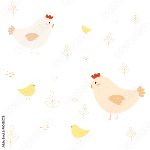 Vector illustration of a chicken family with a paddy rice and sapling pattern isolated on white background