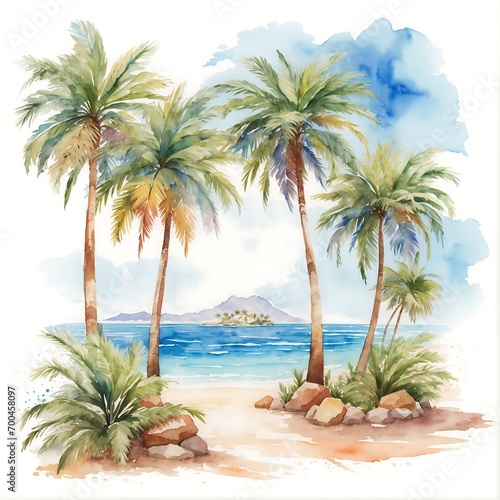  Summer Oasis  Watercolor Illustration of Palm Trees on a Beach with Ocean Views  Perfect for Holiday Travel and Vacation Vibes. Ideal for Logos  T-Shirts  and Summery Designs  Isolated on a White Bac