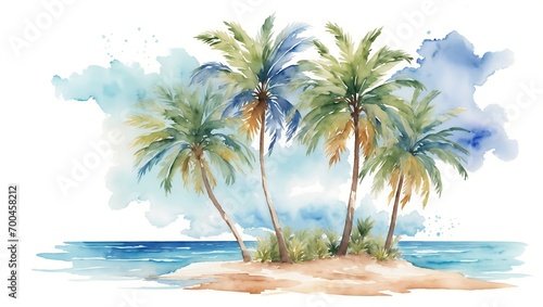  Summer Oasis  Watercolor Illustration of Palm Trees on a Beach with Ocean Views  Perfect for Holiday Travel and Vacation Vibes. Ideal for Logos  T-Shirts  and Summery Designs  Isolated on a White Bac