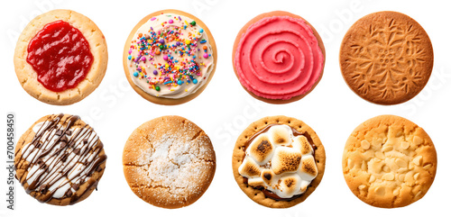 Collection of round cookie cookies biscuit, flavour rainbow frosting icing set, on transparent background cutout. PNG file. Many assorted different flavour. Mockup template for artwork design photo