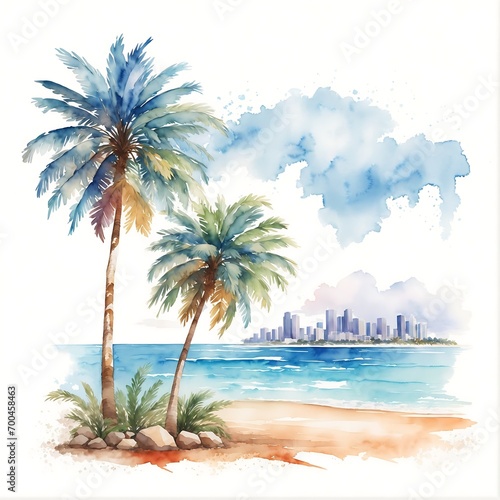  Summer Oasis  Watercolor Illustration of Palm Trees on a Beach with Ocean Views  Perfect for Holiday Travel and Vacation Vibes. Ideal for Logos  T-Shirts  and Summery Designs  Isolated on a White Bac