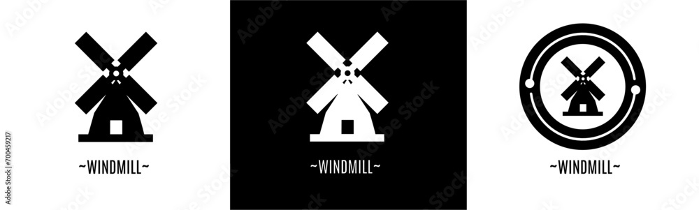 Windmill logo set. Collection of black and white logos. Stock vector.