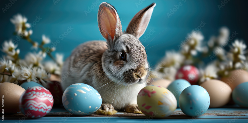 Bunny with colorful Easter eggs on a wooden table and plain completely blue background. Generative AI. Bunny with colorful Easter eggs on a wooden table and plain completely blue background. Generative AI.