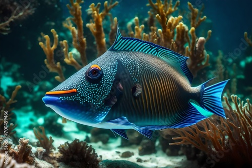 Picasso's spiny Triggerfish (Lat. Rhinecanthus aculeatus) with bright eyes and a beautiful muzzle against the background of the seabed. Marine life, exotic fish, subtropics © Sajjad