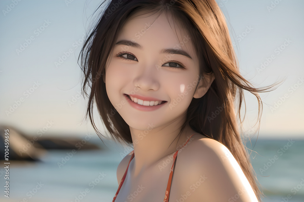 空と海と波をバックに健康的に微笑むビキニ姿の日本人女性