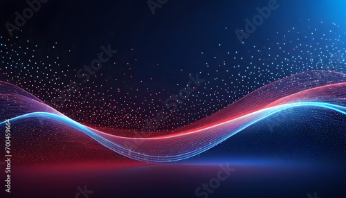 Digital light blue and light red particles wave and light abstract background with shining dots stars.