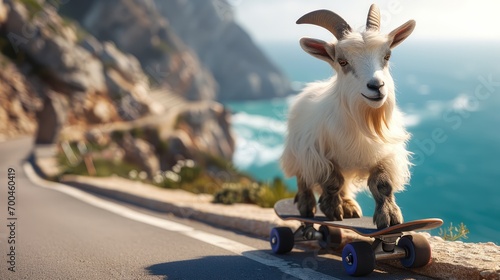 A cute white mountain goat on a fast skateboard by the seaside. Generative AI. photo