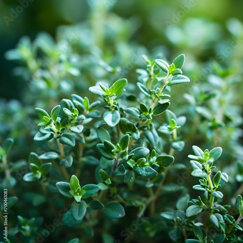 Thyme or Thymus vulgaris - perennial herb with tiny aromatic leaves. Macro image of fresh green thyme growing outdoors in the garden, selective focus.