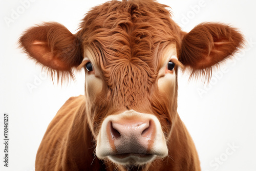 Gelbvieh cattle close-up portrait on a white background.