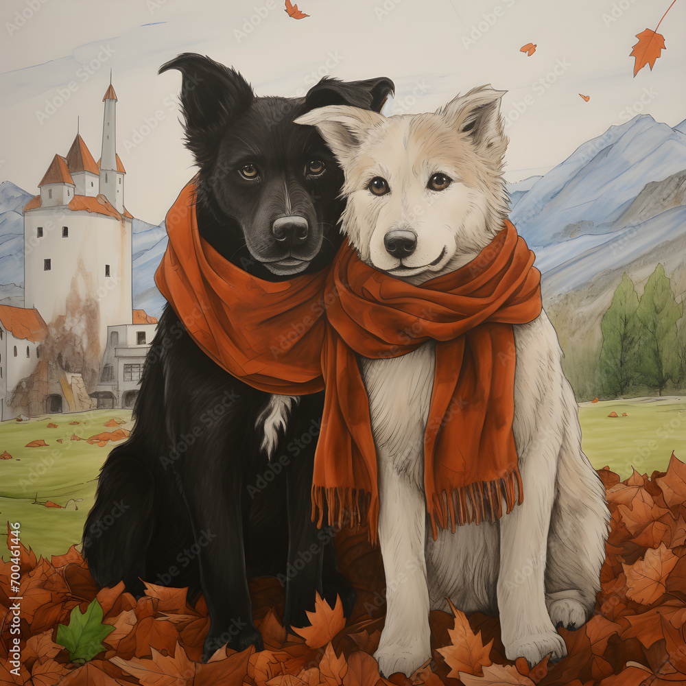 Painting of two dogs sitting together wearing scarves on the ground in ...