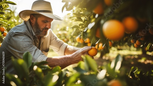 Adult male farmer at orange garden picking up orange crop photo