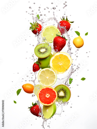 Fruit and vegetables in water on white background being washed before becoming healthy food