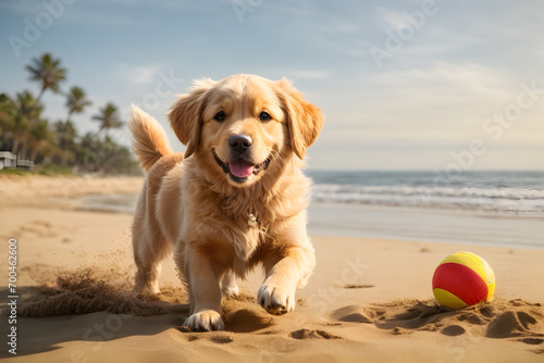 A joyful dog playing happily with a ball at the beach