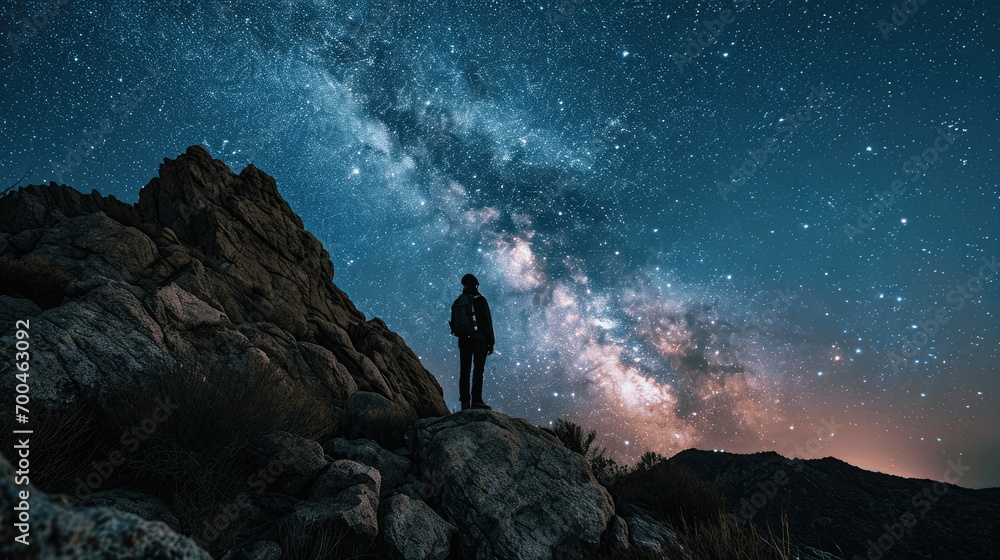 Obraz premium Silhouette traveler standing on top of stone mountain formation admiring majestic night starry milky way sky 