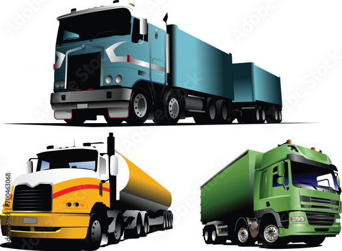 Green, blue and yellow  trucks on the road. Vector illustration